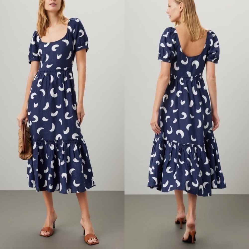 Polo Ralph Lauren Navy Blue Brushstroke-Motif Tiered Linen Dress 4 - Picture 1 of 8